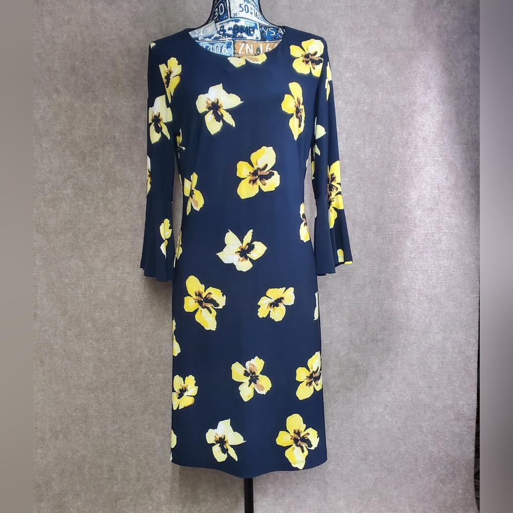 Tommy Hilfiger Navy Blue and Yellow Floral Shift Dress Size 10